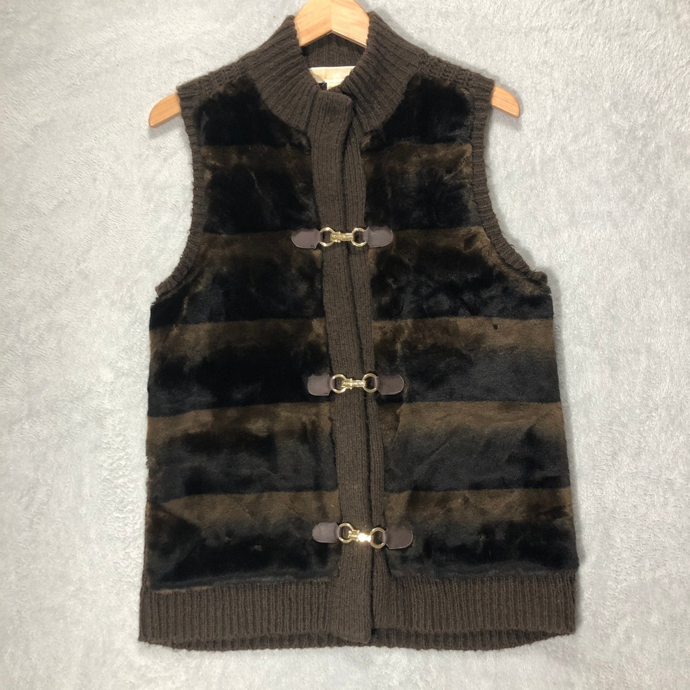 Michael Kors Faux Fur Vest Knit Trim Toggle Front Brown‎ Vest Size M